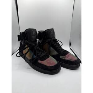 Louis Vuitton High Top Sneakers Monogram Iridescent Black Velvet Strap Size 10
